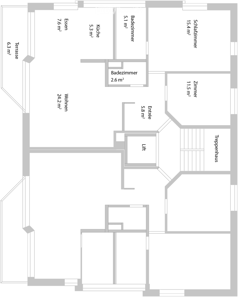 Floor plan showing a multi-level layout with rooms labeled in German: Wohnzimmer (living room), Schlafzimmer (bedroom), Badezimmer (bathroom), Küche (kitchen), Essen (dining), Terrasse (terrace), Treppehaus (staircase), and Lift (elevator).