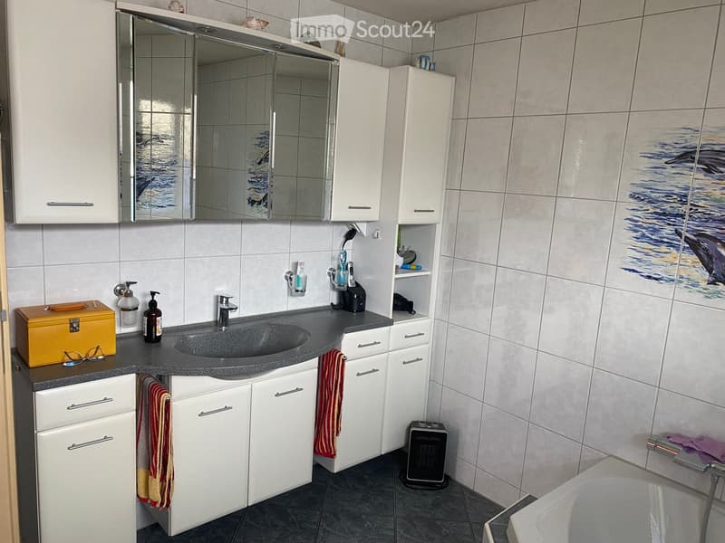 Modern bathroom with a sink, mirror, cabinets, towels, and a bathtub. The walls are tiled with a dolphin design, and the floor is dark grey.