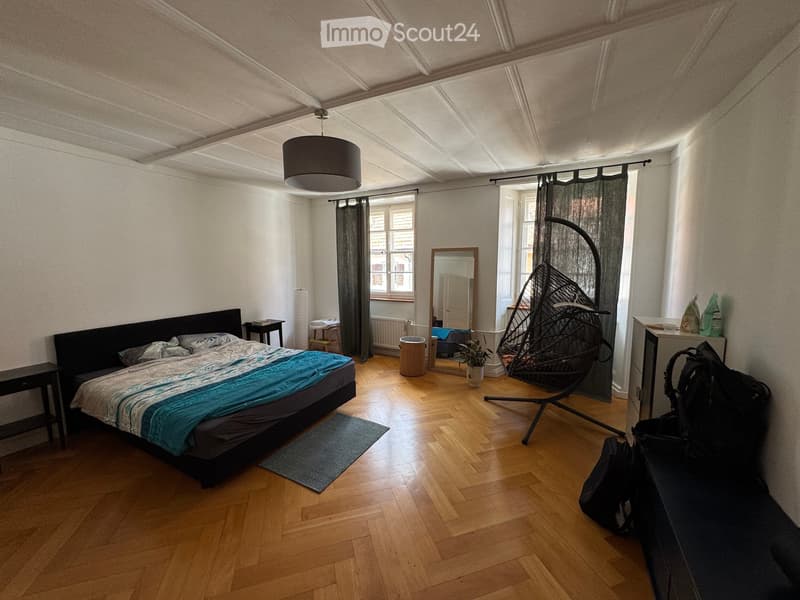 Cozy bedroom with wooden flooring, a large bed with blue and white bedding, a nightstand, a wicker hanging chair, a mirror, and a small potted plant. Natural light streams in from the windows.
