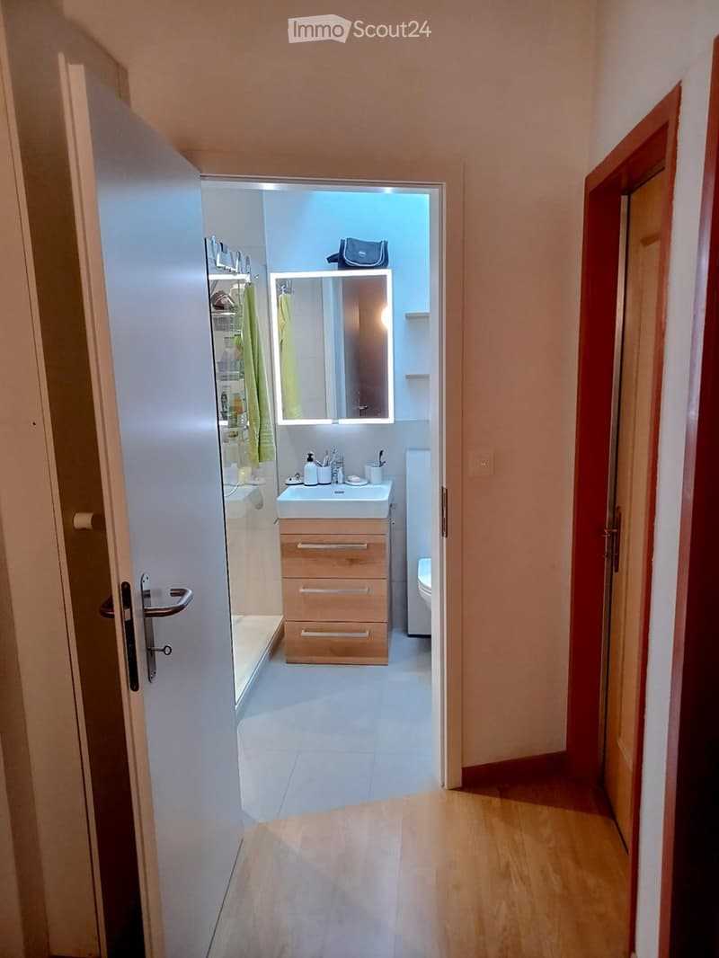Modern bathroom with a white sink, wooden drawers, a large mirror, and a toilet. The floor is tiled, and the walls are painted in a light color.