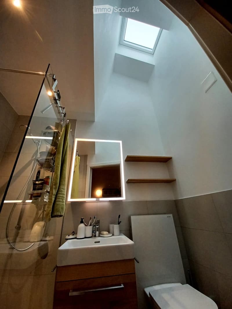 Modern bathroom with a sink, mirror, toilet, and shower. Features include wooden shelves, a towel, and various toiletries on the sink counter.