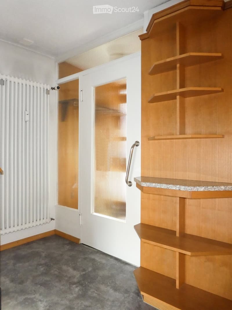 Empty room with wooden shelving unit, white walls, grey carpet, and a radiator. No furniture or personal items present.