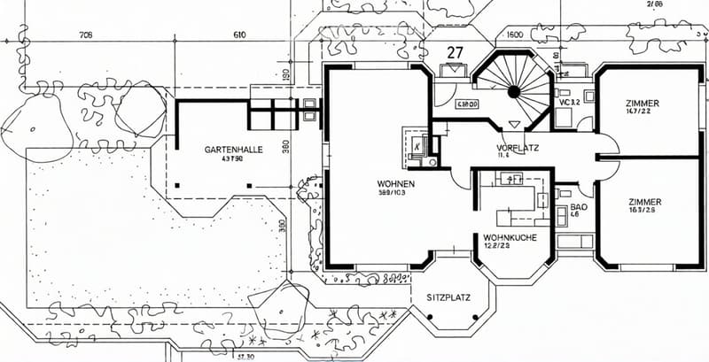 Floor plan showing a garden hall, living area, kitchen, dining area, two bedrooms, and a bathroom.