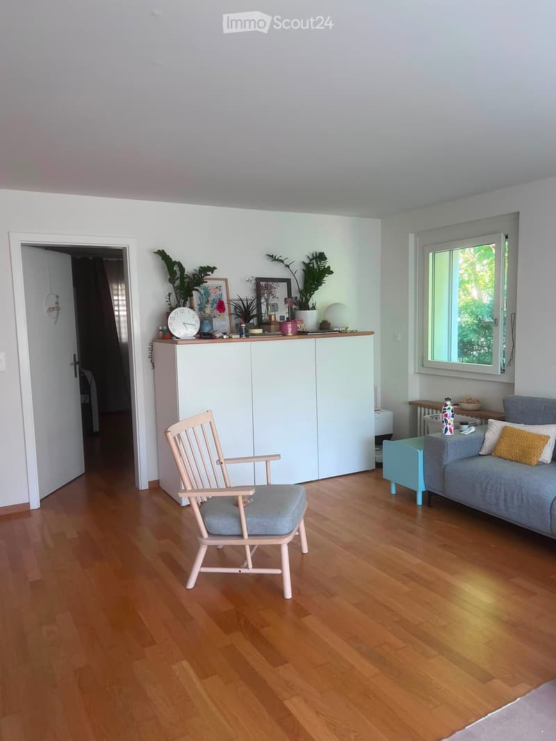 Bright living room with wooden flooring, a grey sofa with pillows, a wooden armchair, a white cabinet with a clock and plants on top, and a window with a view of greenery.