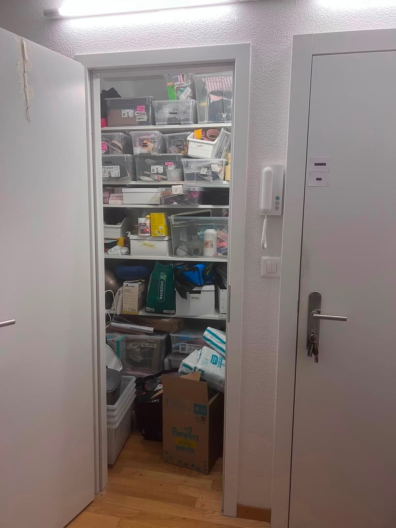 A storage closet with multiple shelves filled with various items, including boxes, bags, and containers. The closet door is open, revealing the organized storage space.