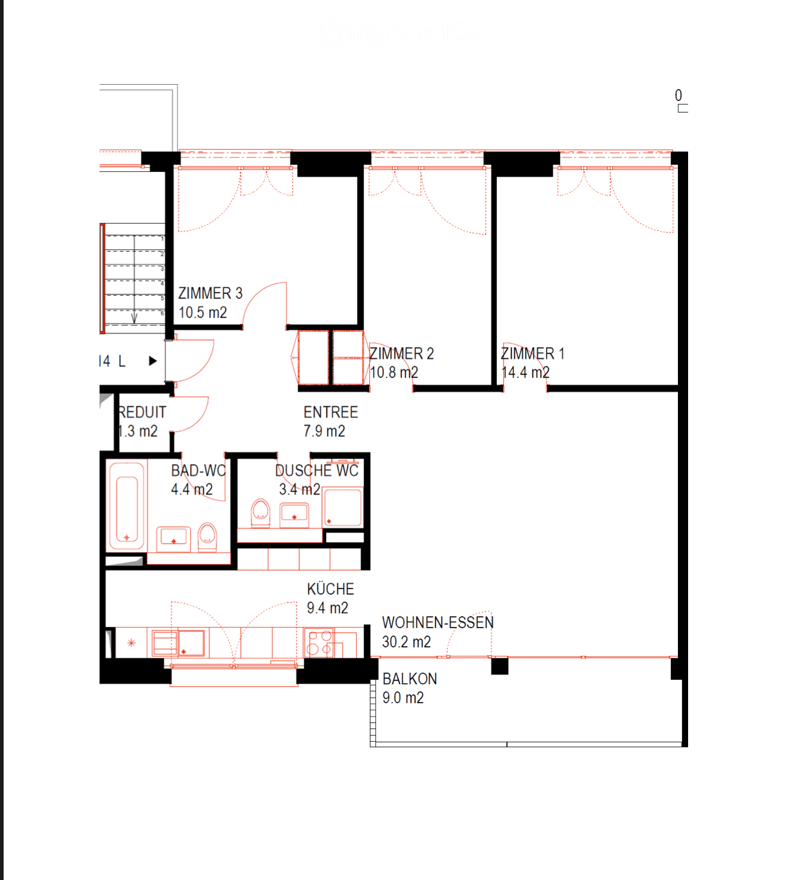Floor plan showing a layout with three bedrooms, a kitchen, a living-dining area, a balcony, a bathroom, a shower room, and a small hallway.