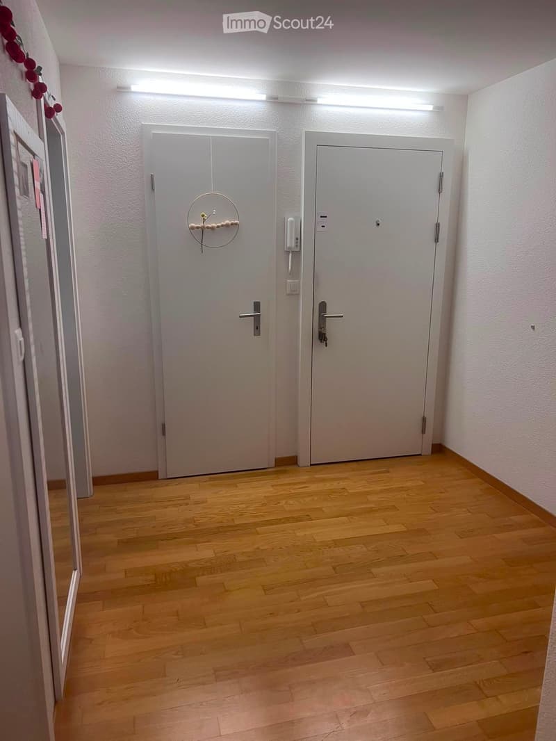 A clean, modern hallway with light wooden flooring, white walls, and two closed doors. One door has a decorative wall-mounted design, and the other has a modern handle and intercom system.