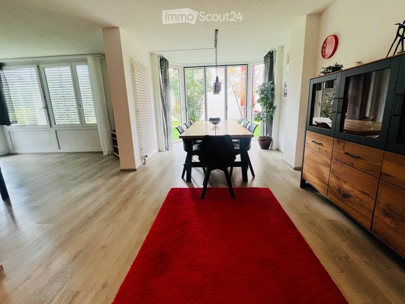 Bright dining area with wooden floor, red shag rug, dining table with chairs, modern cabinet, and large windows leading to outdoor space.