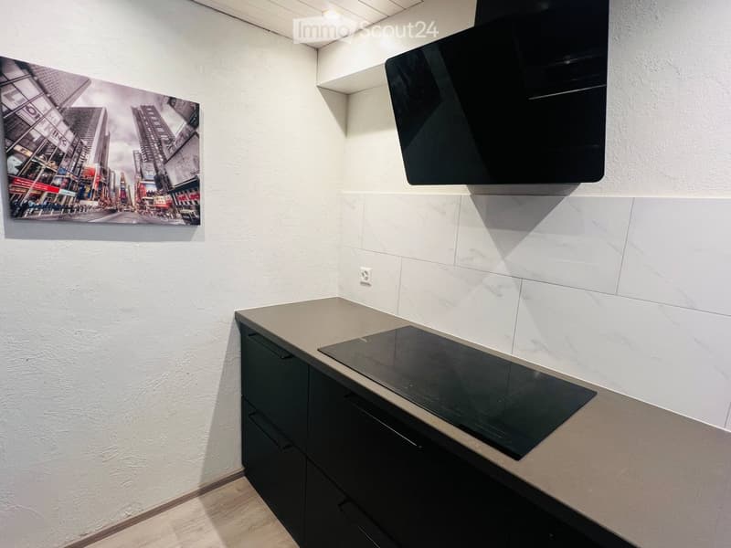Modern kitchen with a sleek induction cooktop, dark cabinets, and a large cityscape photograph on the wall.