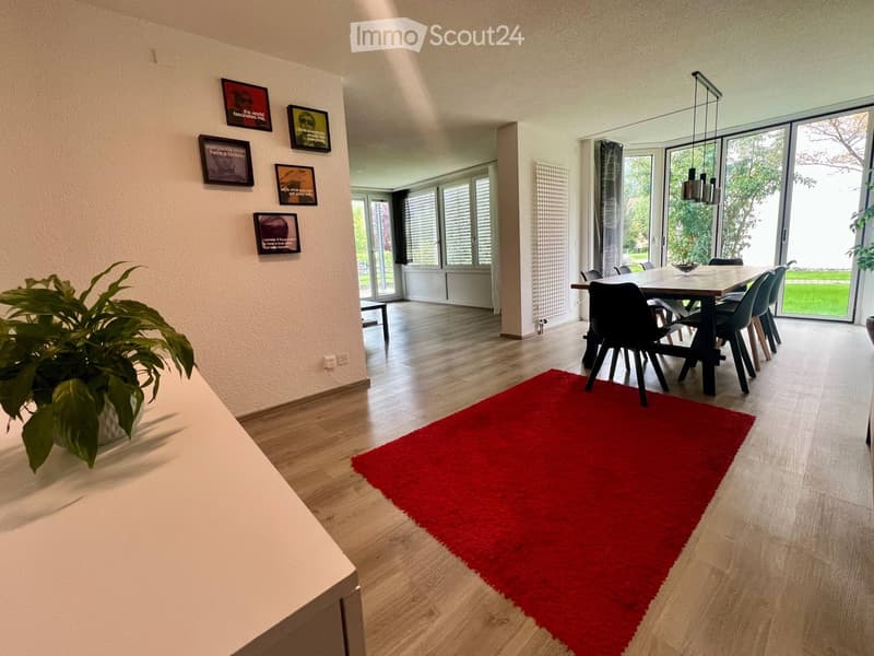 Dining area with a red shag rug, modern dining table and chairs, large windows, and decorative picture frames on the wall.