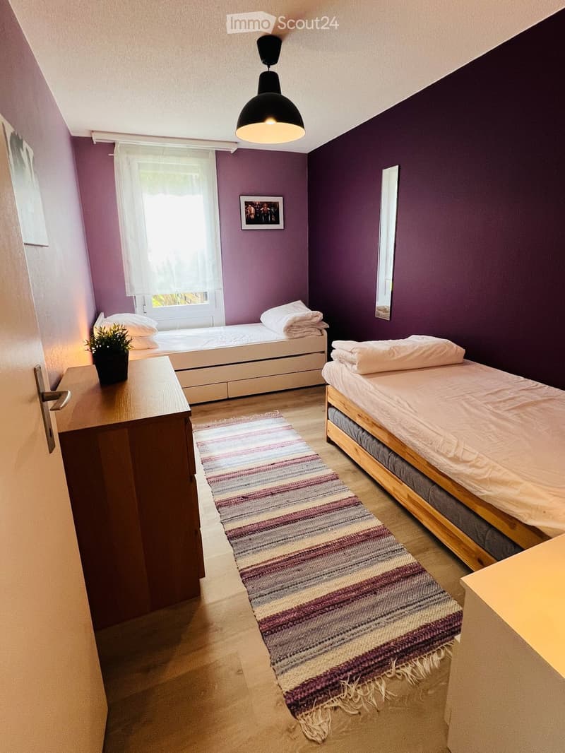 Cozy bedroom with two single beds, a nightstand with a potted plant, a mirror, and a colorful striped rug.