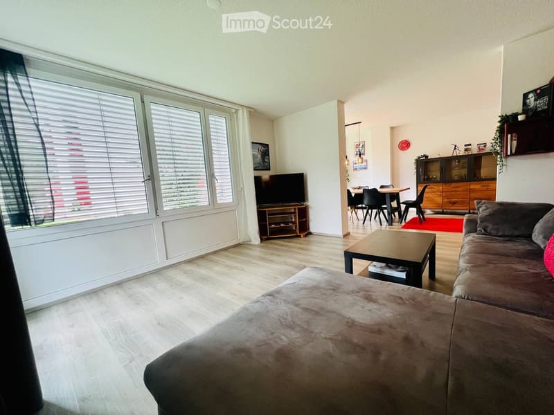 Modern living room with a grey sofa, coffee table, television, dining area with chairs and table, and a wooden cabinet.