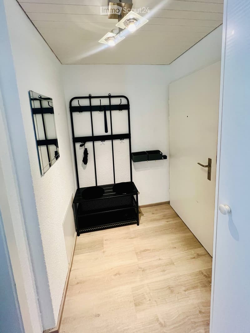 Empty hallway with light wooden flooring, white walls, a coat rack with hooks, a small shelf, and a mirror on the left wall.