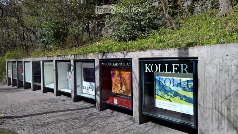 Outdoor display area with glass cases showing artwork and posters, surrounded by greenery and a paved walkway.
