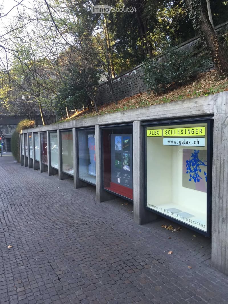 Outdoor gallery space with glass display cases, concrete walls, and a brick-paved walkway surrounded by trees and greenery.