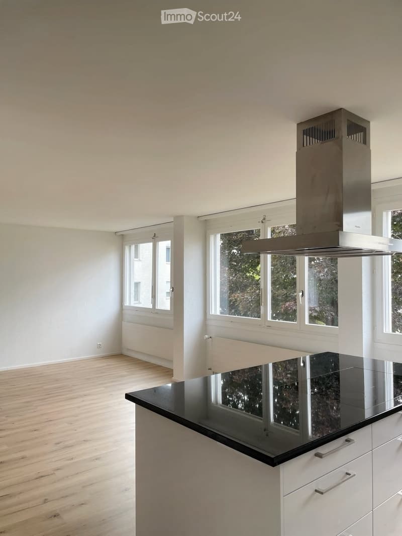 Empty kitchen with white walls, light wooden flooring, and large windows. Features a black countertop, white cabinets, and a stainless steel range hood.