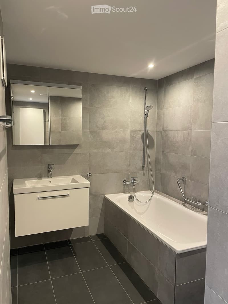 Modern bathroom with a bathtub, sink, and mirror. Features grey tiles and a sleek design.