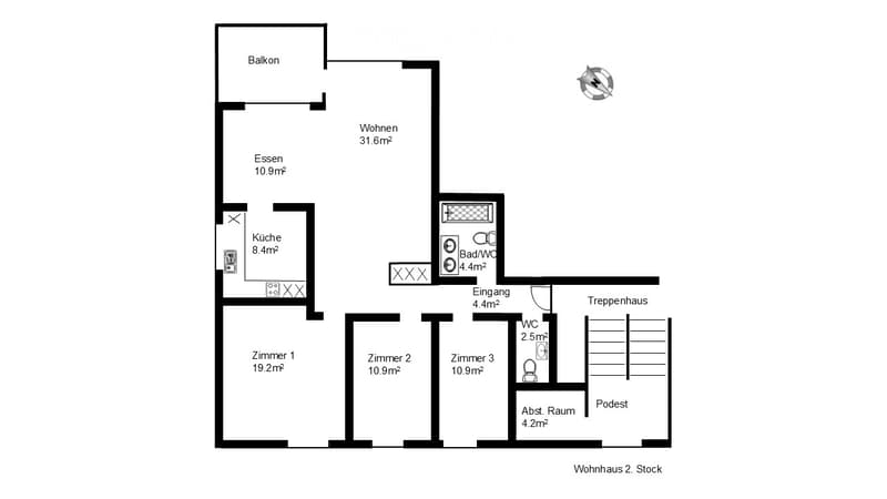Floor plan of a 2-story apartment with living room, dining area, kitchen, three bedrooms, two bathrooms, and a balcony.