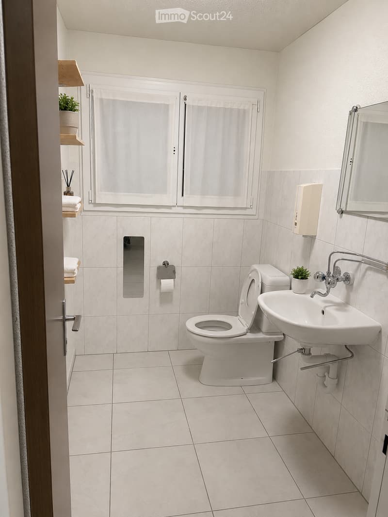 Modern bathroom with white tiled walls and floor, featuring a toilet, sink, mirror, and small plant on the windowsill.