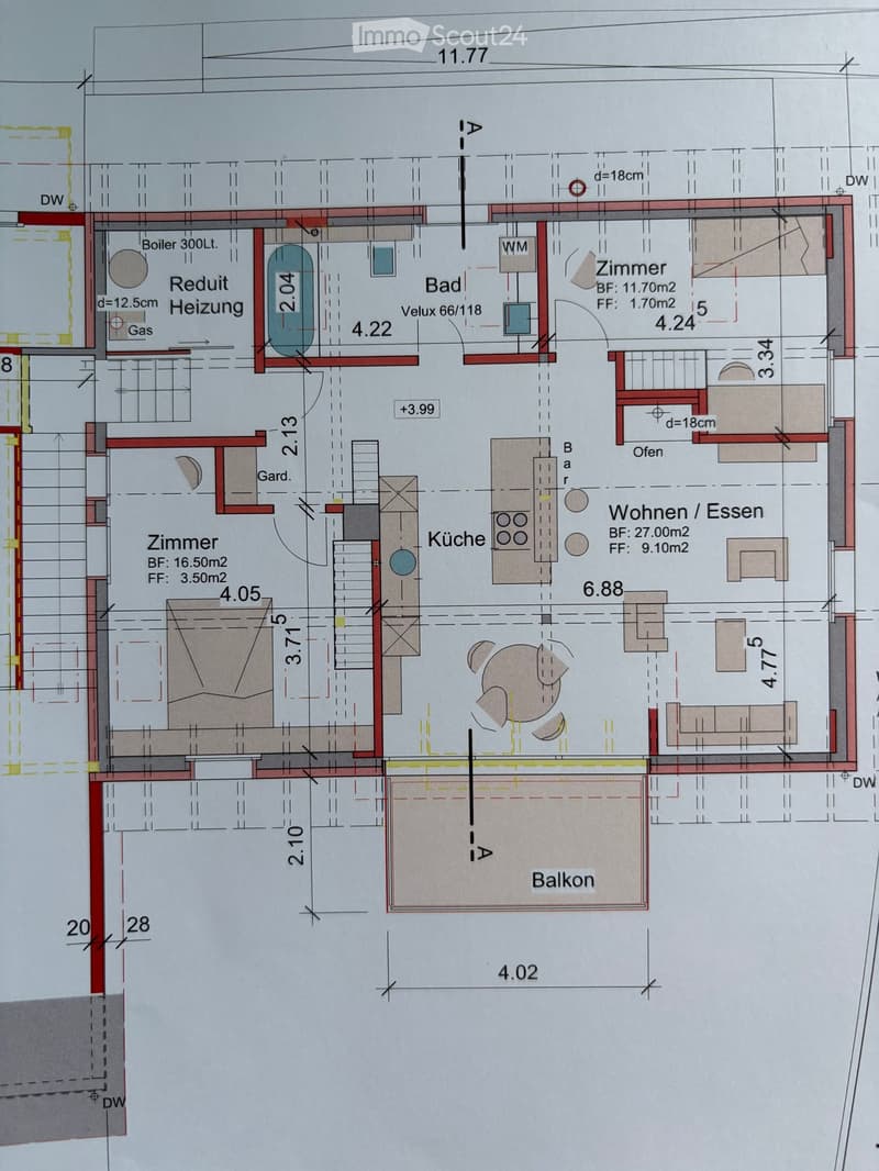 Floor plan showing a kitchen, living/dining area, bedroom, bathroom, hallway, balcony, and utility room with boiler and heating system.