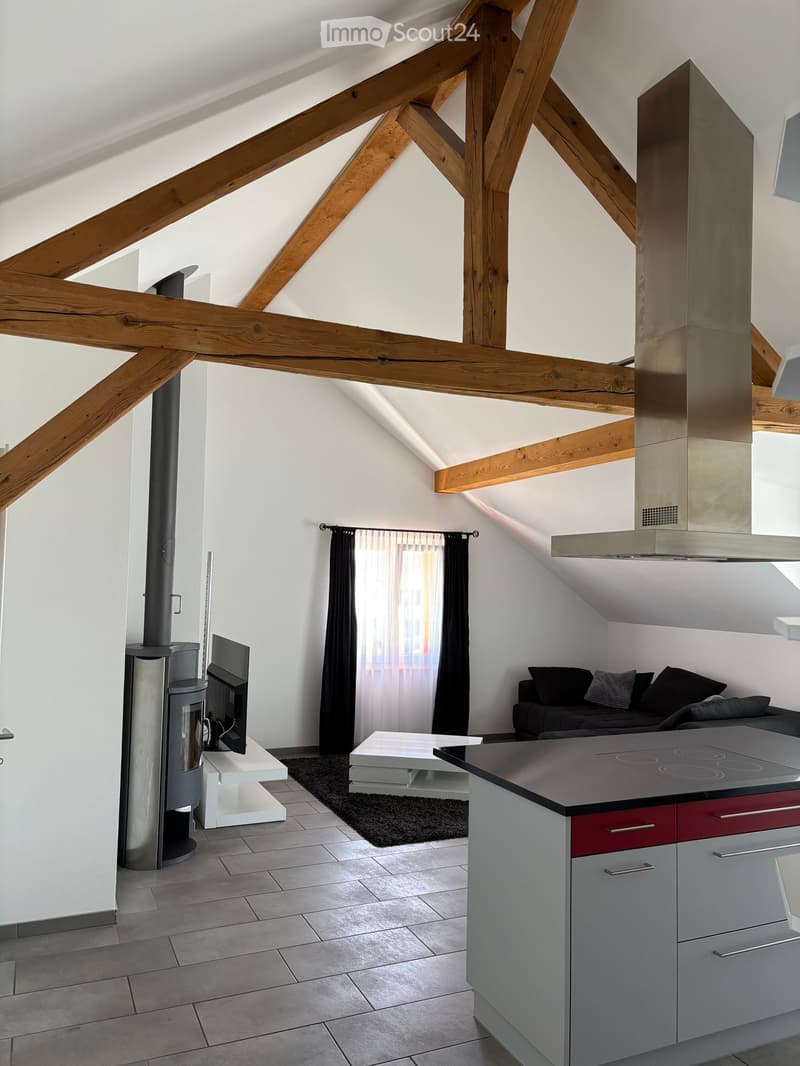 Open-plan living and kitchen area with exposed wooden beams, a modern kitchen island, a sofa, a coffee table, and a television on a stand.