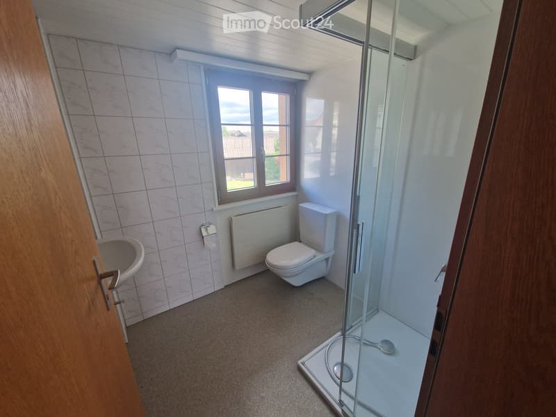 Modern bathroom with a toilet, sink, and walk-in shower. The room features tiled walls, a window, and a radiator.