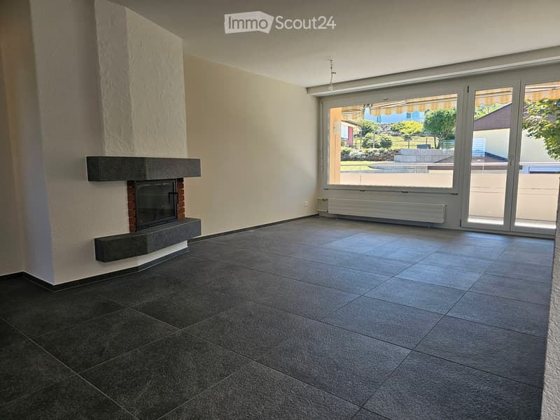 Empty room with dark tiled flooring, a built-in fireplace, large sliding glass doors leading to an outdoor area, and a radiator under the windows.