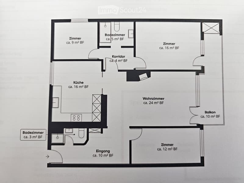 Floor plan of a 3-room apartment with a kitchen, living room, two bedrooms, and a balcony.