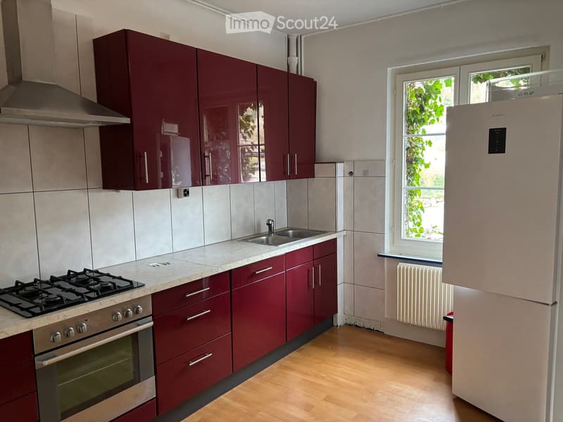 Modern kitchen with red cabinets, stainless steel appliances, marble countertop, and wooden flooring.