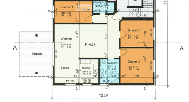Floor plan of a 3-room apartment with living area, kitchen, bedroom, and bathroom. Includes dimensions and room labels.