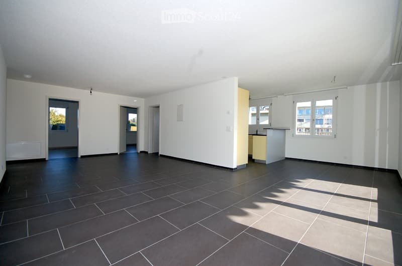 Empty room with dark tiled floor, white walls, and several doors leading to other spaces. Natural light streams in from windows on the right side.