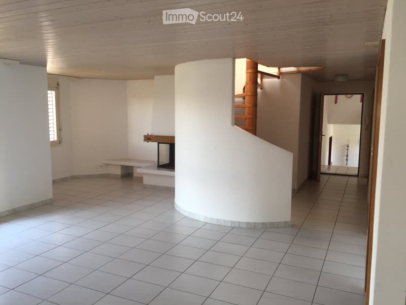 empty room, white tiles, fireplace, spiral staircase, window