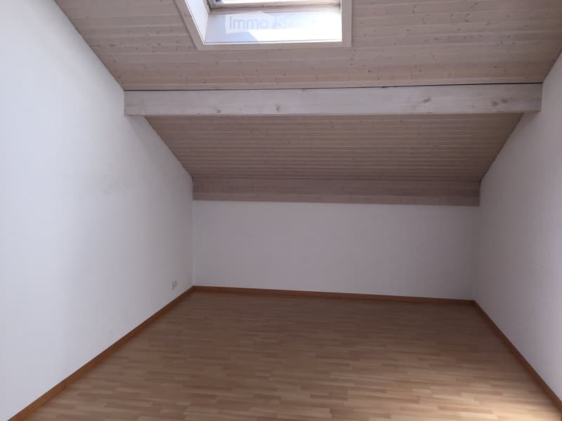 empty room, wooden floor, white walls, wooden ceiling, skylight
