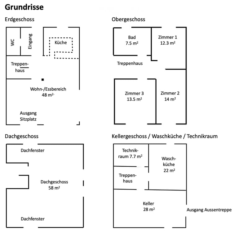 Floor plan showing four levels: ground floor with WC, entrance, kitchen, living/dining area, and exit seating; upper floor with bathroom, three bedrooms; attic with two dormer windows; basement with technical room, laundry room, and storage.