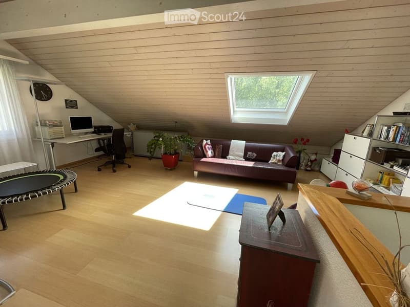 Bright attic room with wooden floors and slanted ceilings, featuring a dark brown sofa, a desk with a computer, a small trampoline, and a potted plant. The room has large windows and built-in shelving units.