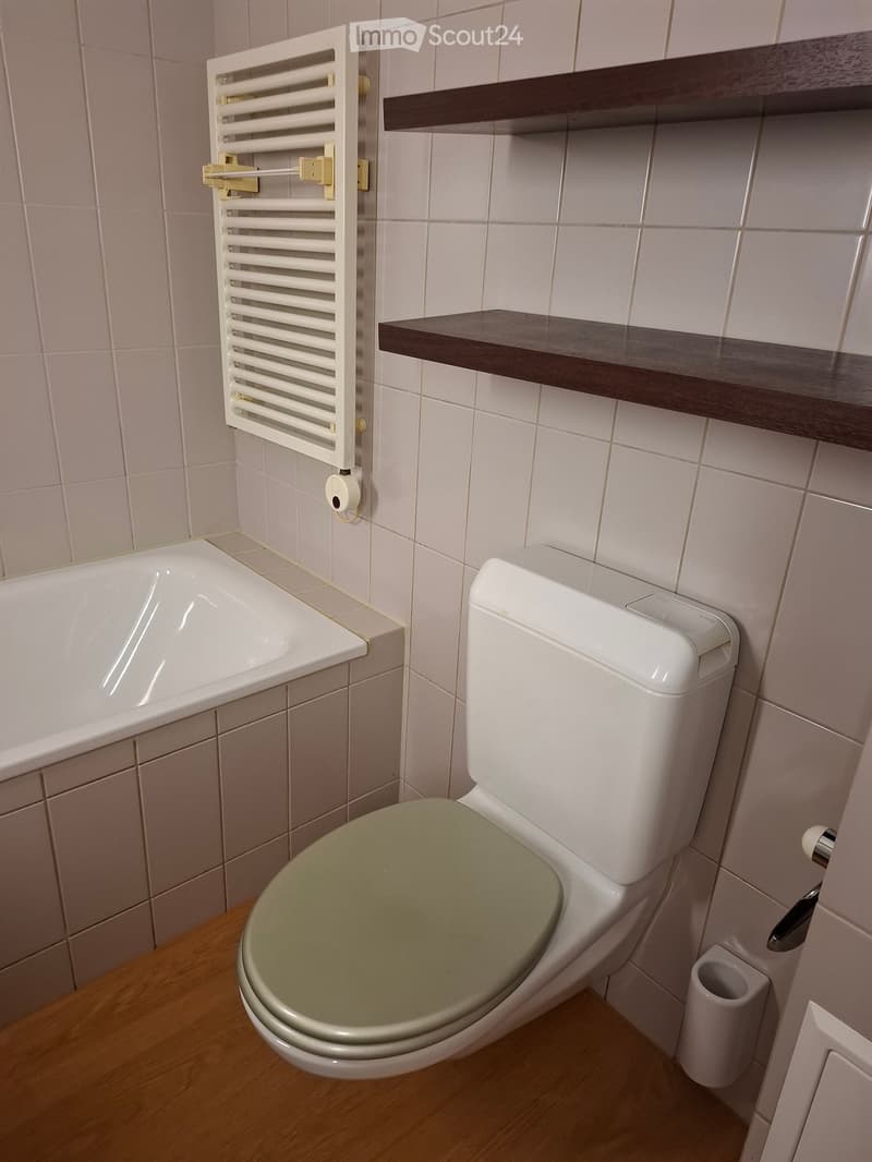 Modern bathroom with a white toilet, bathtub, wooden shelf, and radiator.