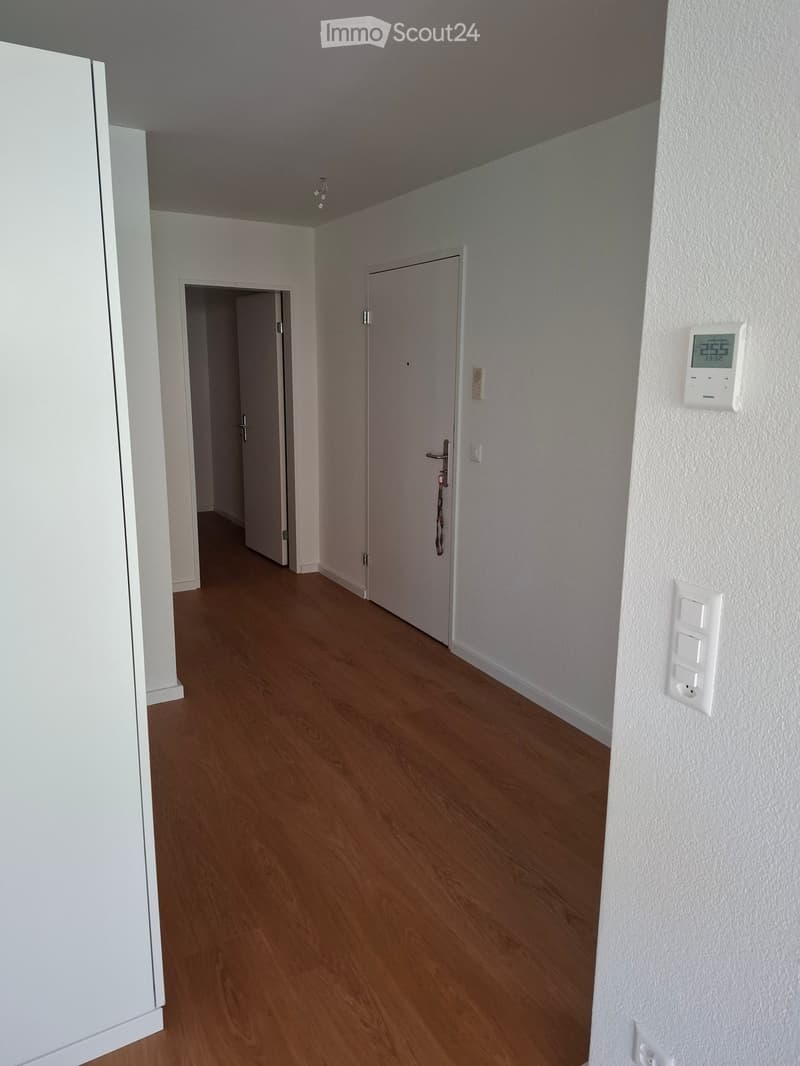 Empty hallway with wooden flooring, white walls, and two closed doors. A thermostat is mounted on the wall.