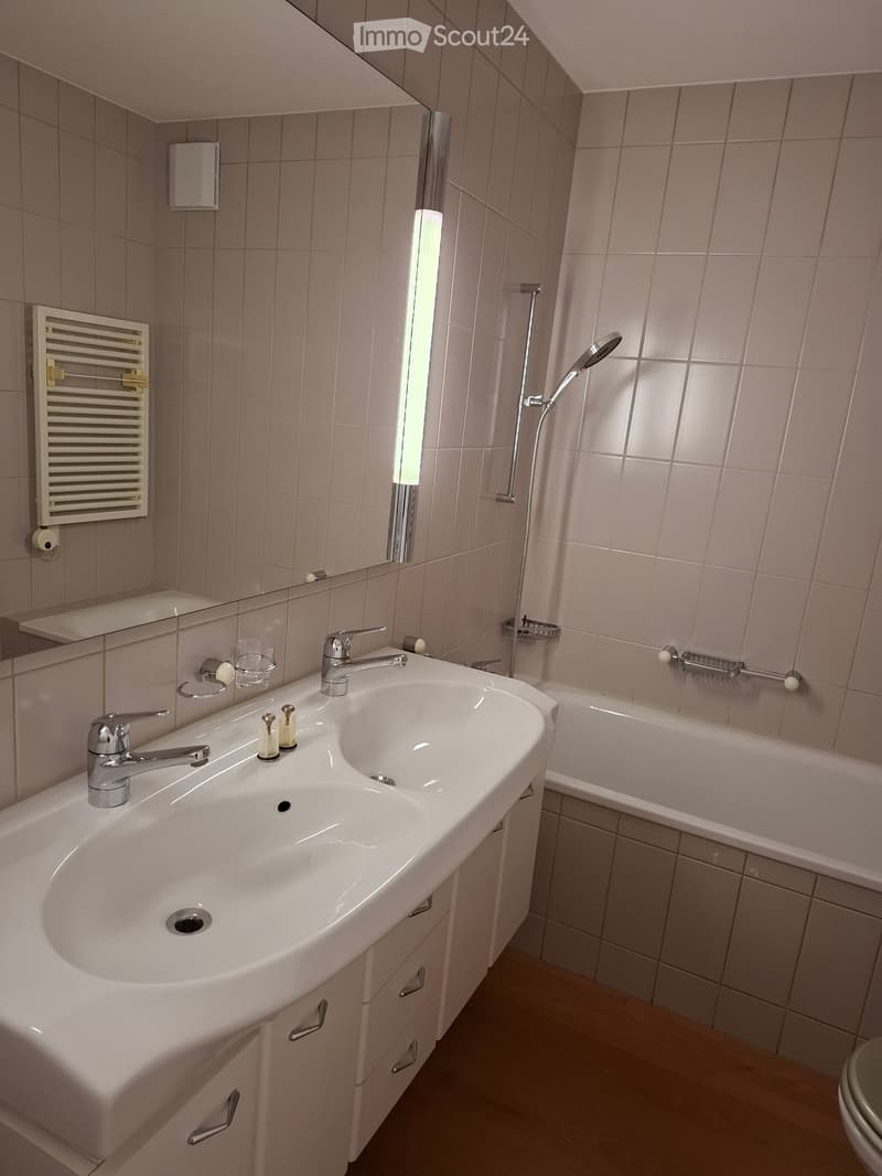 Modern bathroom with a double sink, mirror, bathtub, and shower. Includes a radiator and a cup on the sink.