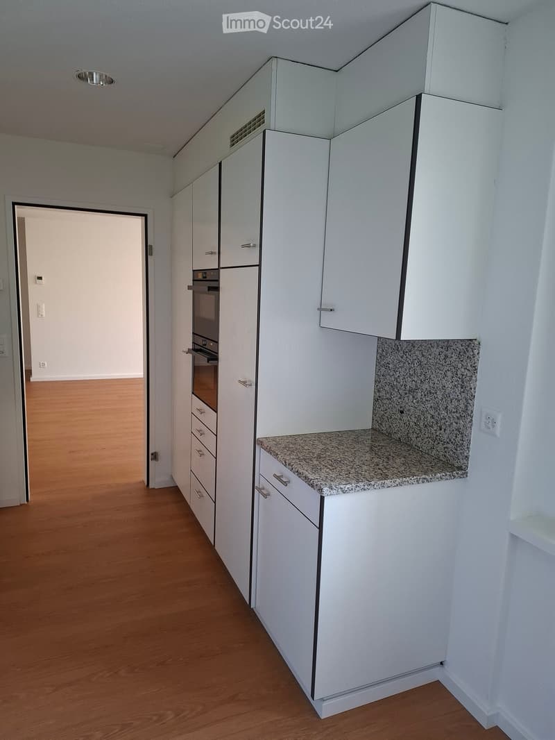 Empty kitchen with white cabinets, granite countertop, and wooden flooring. No appliances or furniture are present.