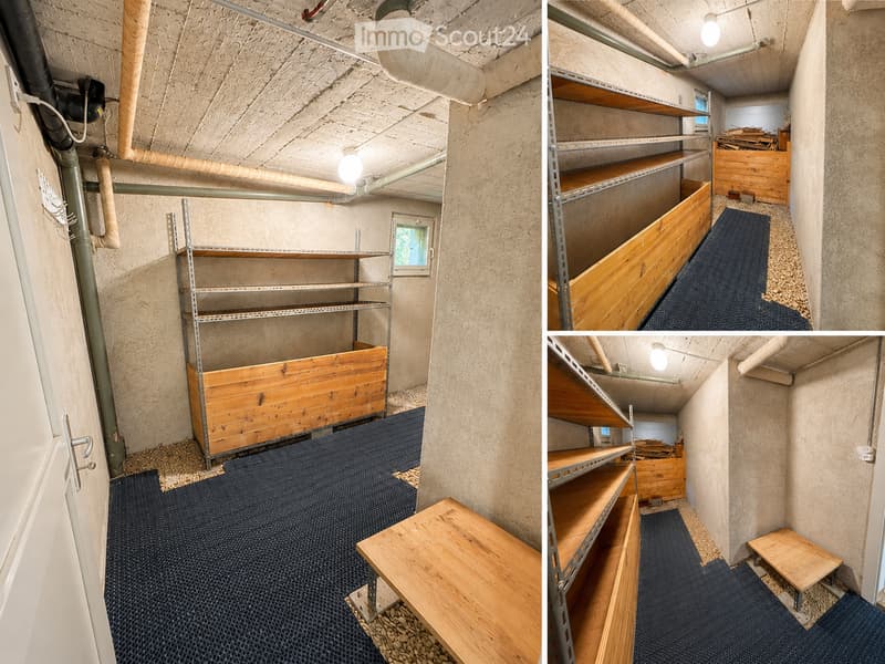 The image shows an unfinished basement or storage area with exposed concrete walls, metal shelving units, wooden crates, and a small window. The floor is covered with a dark blue protective mat, and there are some wooden planks and construction materials