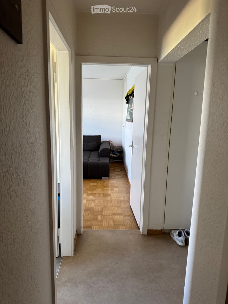 A narrow hallway with beige walls and a light-colored floor, leading to an adjacent room with a dark-colored sofa and wooden flooring.