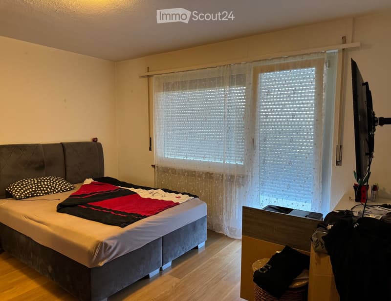 Cozy bedroom with a large bed, patterned pillows, a red and black blanket, a wooden desk with a laptop, and a large screen mounted on the wall. The room features wooden flooring and sheer curtains on the windows.