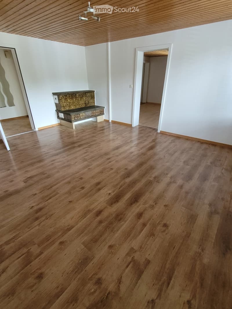 wooden floor, fireplace in center, empty room, white walls