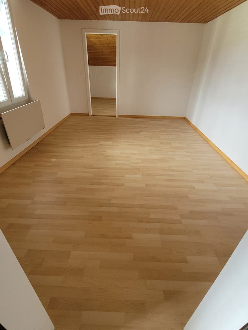 An empty room with hardwood floors, a ceiling with a wooden beam, a door, and a window with a radiator. The room is illuminated by the sunlight coming through the window.