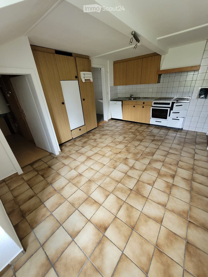 large kitchen with tiled floor, wooden cabinets, white appliances, bathroom with sink and shower area