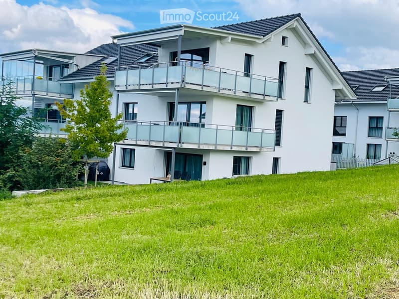Modern two-story house with white exterior, multiple windows, balconies, and a well-maintained lawn in front.