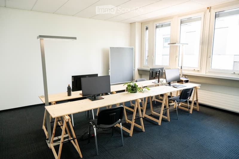 Modern office space with multiple desks, chairs, computer screens, keyboards, and a small plant on one of the desks.