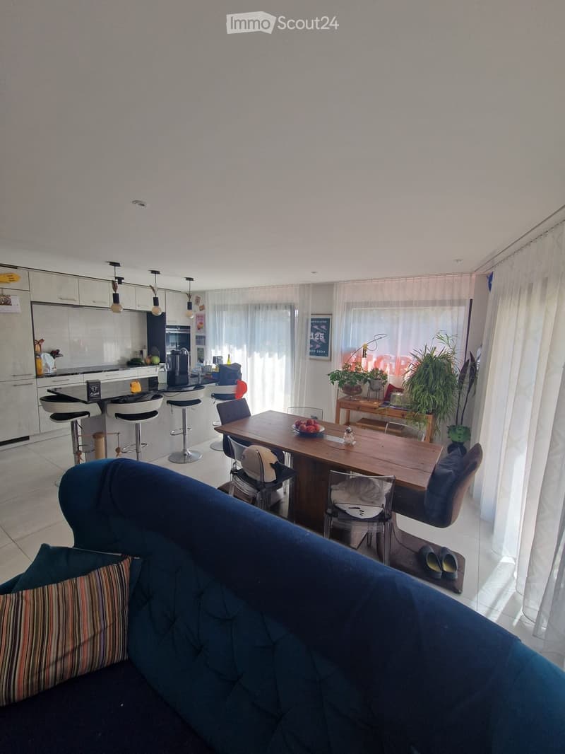 A modern, open-concept living and dining area with a blue sofa, wooden dining table, chairs, kitchen area with cabinets and appliances, and large windows with curtains.