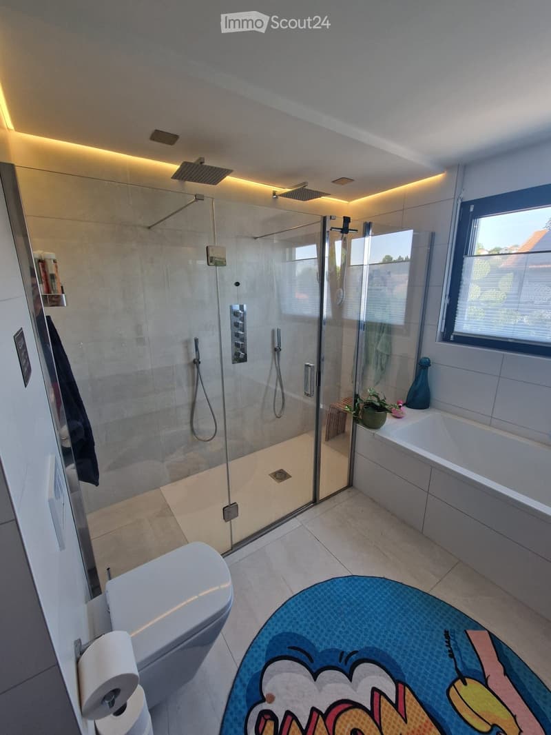 Modern bathroom with a glass-enclosed shower, toilet, bathtub, and built-in storage. Features include a decorative rug, a small plant on the windowsill, and a towel hanging on the wall.