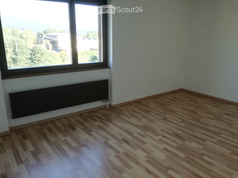 Empty room with wooden flooring, white walls, large window, and radiator.